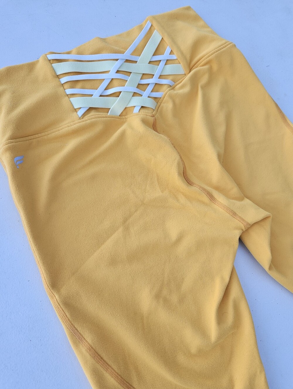 Fabletics PowerHold Mustard Yellow Strappy Back Capri Leggings Medium Yoga Gym